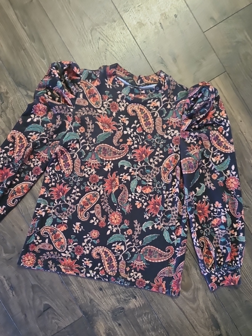 Sterling Kreek Floral Paisley Long-Sleeve Top with Puff Shoulders